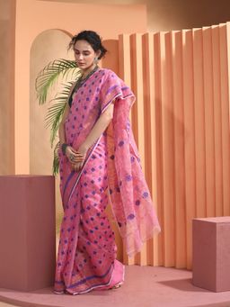 Beatitude - Pink Jacquard Jamdani Saree with Unstitched Blouse