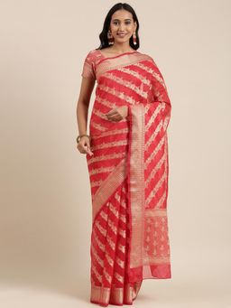 Geroo Jaipur - Red Kota Silk Floral Zari Saree