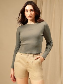 Xpose - Women Olive Round Neck Ribbed Crop Fitted Top