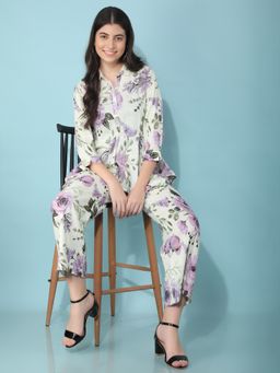 CRIMSOUNE CLUB - Women's Green Floral Print Linen Co-Ord Sets