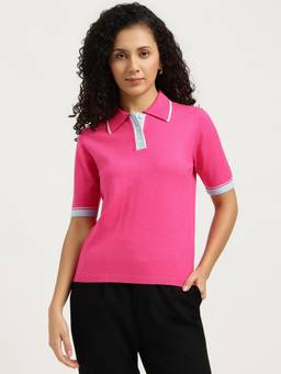United Colors of Benetton - Women Pink Solid/Plain Viscose Blend Polo T-Shirt