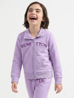 United Colors of Benetton - Girls Purple Typography Pure Cotton Jacket