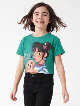 United Colors of Benetton - Girls Green Printed Pure Cotton T-Shirt