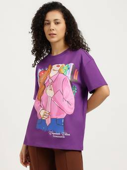 United Colors of Benetton - Women Purple Printed Pure Cotton T-Shirt