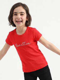 United Colors of Benetton - Girls Red Typography Pure Cotton T-Shirt