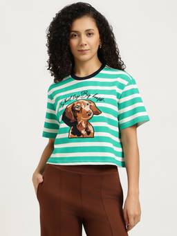 United Colors of Benetton - Women Green Stripes Cotton Blend T-Shirt