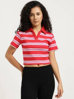 United Colors of Benetton - Women Red Stripes Cotton Blend Polo T-Shirt
