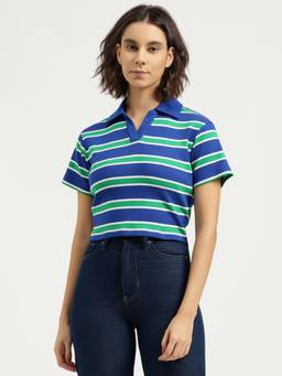 United Colors of Benetton - Women Green Stripes Cotton Lycra Polo T-Shirt