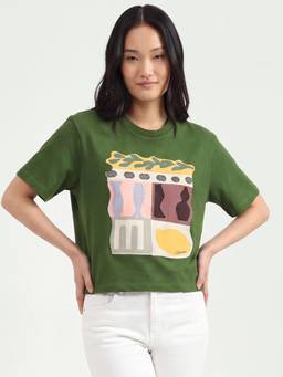 United Colors of Benetton - Women Khaki Printed Cotton Blend T-Shirt