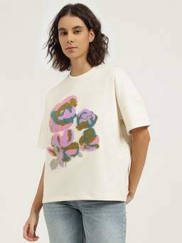 United Colors of Benetton - Women Cream Embroidered Pure Cotton T-Shirt