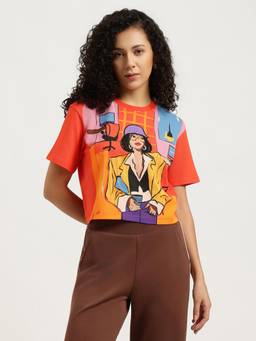 United Colors of Benetton - Women Orange Printed Cotton Blend T-Shirt