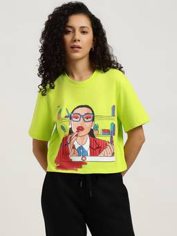 United Colors of Benetton - Women Green Printed Cotton Blend T-Shirt