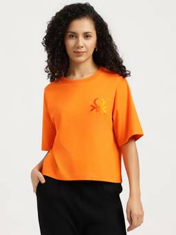 United Colors of Benetton - Women Orange Solid/Plain Pure Cotton T-Shirt