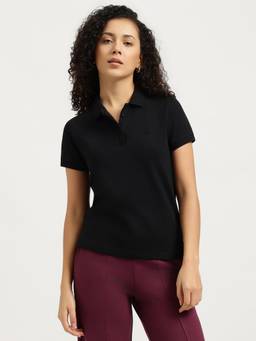United Colors of Benetton - Women Black Solid/Plain Cotton Blend Polo T-Shirt