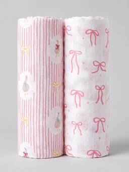 Haus & Kinder - Unisex White Printed Muslin Swaddles (Pack of 2) (0-3 Months)