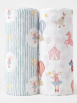 Haus & Kinder - Unisex White Printed Muslin Swaddles (Pack of 2) (0-3 Months)