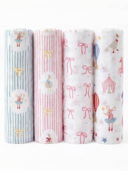 Haus & Kinder - Unisex White Printed Muslin Swaddle (Pack of 4) (0-3 Months)
