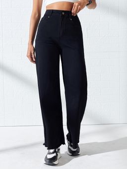 DOLCE CRUDO - Black Denim Mid Waist Solid/Plain Straight Leg Jeans