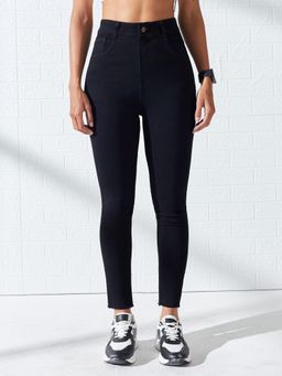 DOLCE CRUDO - Black Denim Mid Waist Solid/Plain Skinny Leg Jeans