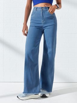 DOLCE CRUDO - Blue Denim Mid Waist Solid/Plain Wide Leg Jeans