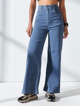 DOLCE CRUDO - Blue Denim Mid Waist Solid/Plain Wide Leg Jeans