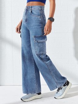 DOLCE CRUDO - Blue Denim Mid Waist Solid/Plain Wide Leg Jeans