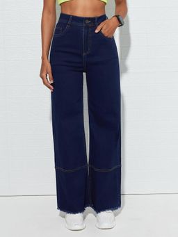 DOLCE CRUDO - Blue Denim Mid Waist Solid/Plain Wide Leg Jeans