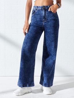 DOLCE CRUDO - Blue Denim Mid Waist Solid/Plain Wide Leg Jeans