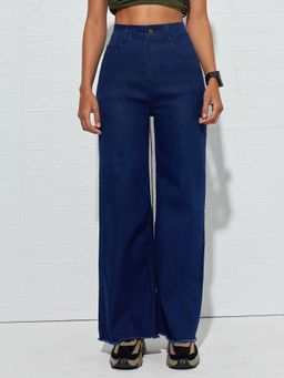 DOLCE CRUDO - Blue Denim Mid Waist Solid/Plain Wide Leg Jeans