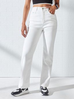 DOLCE CRUDO - White Denim Mid Waist Solid/Plain Straight Leg Jeans