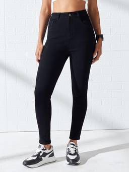 DOLCE CRUDO - Black Denim Mid Waist Solid/Plain Skinny Leg Jeans