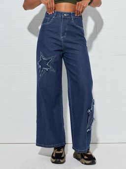 DOLCE CRUDO - Navy Blue Denim Mid Waist Solid/Plain Wide Leg Jeans