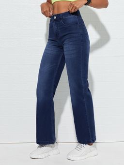 DOLCE CRUDO - Blue Denim Mid Waist Solid/Plain Straight Leg Jeans