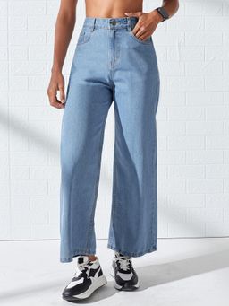 DOLCE CRUDO - Blue Denim Mid Waist Solid/Plain Wide Leg Jeans