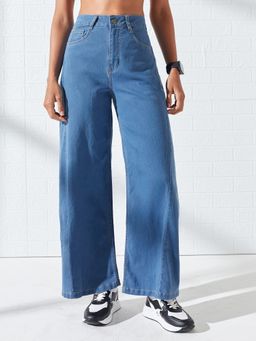 DOLCE CRUDO - Blue Denim Mid Waist Solid/Plain Wide Leg Jeans
