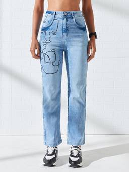DOLCE CRUDO - Blue Denim Mid Waist Solid/Plain Straight Leg Jeans