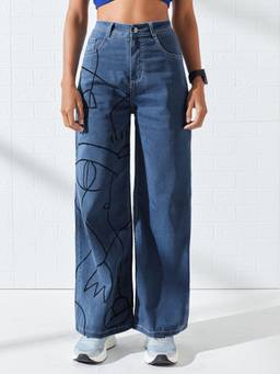 DOLCE CRUDO - Blue Denim Mid Waist Solid/Plain Wide Leg Jeans