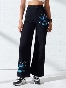 DOLCE CRUDO - Black Denim Mid Waist Printed Wide Leg Jeans
