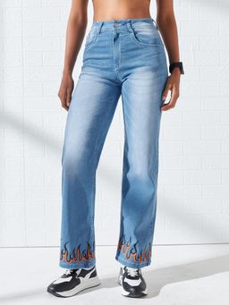 DOLCE CRUDO - Blue Denim Mid Waist Solid/Plain Straight Leg Jeans