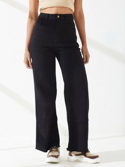 DOLCE CRUDO - Black Denim Mid Waist Solid/Plain Wide Leg Jeans