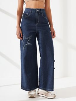 DOLCE CRUDO - Navy Blue Denim Mid Waist Solid/Plain Wide Leg Jeans