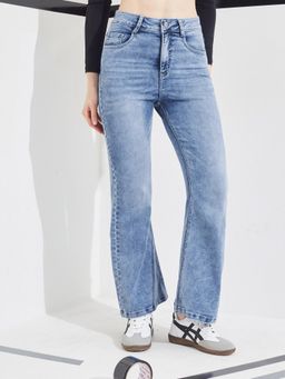 DOLCE CRUDO - Blue Denim Mid Waist Solid/Plain Wide Leg Jeans