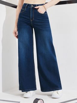 DOLCE CRUDO - Blue Denim Mid Waist Solid/Plain Wide Leg Jeans