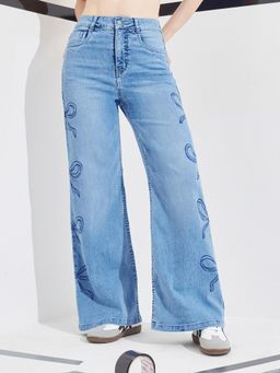 DOLCE CRUDO - Blue Denim Mid Waist Solid/Plain Wide Leg Jeans