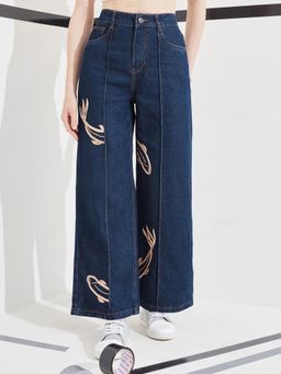 DOLCE CRUDO - Blue Denim Mid Waist Solid/Plain Wide Leg Jeans