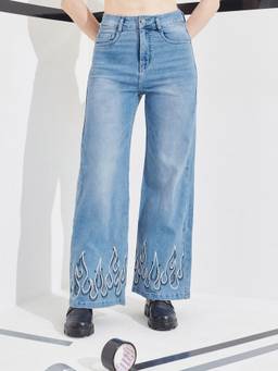 DOLCE CRUDO - Blue Denim Mid Waist Solid/Plain Wide Leg Jeans