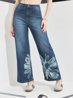 DOLCE CRUDO - Blue Denim Mid Waist Solid/Plain Wide Leg Jeans