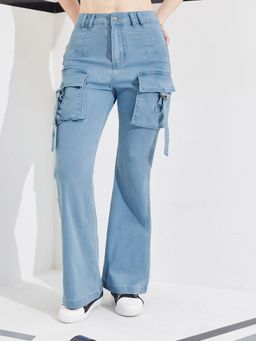 DOLCE CRUDO - Blue Denim Mid Waist Solid/Plain Boot Cut Leg Jeans