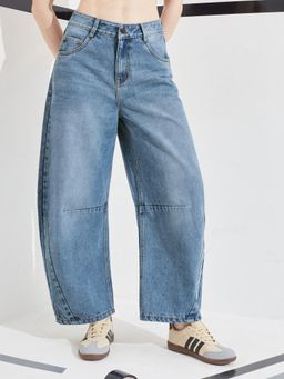 DOLCE CRUDO - Blue Denim Mid Waist Solid/Plain Wide Leg Jeans