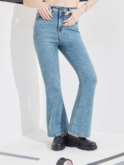 DOLCE CRUDO - Blue Denim Mid Waist Solid/Plain Boot Cut Leg Jeans